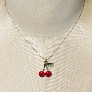 Cherry necklace with red enamel and green leaves dainty silver tone chain fairy